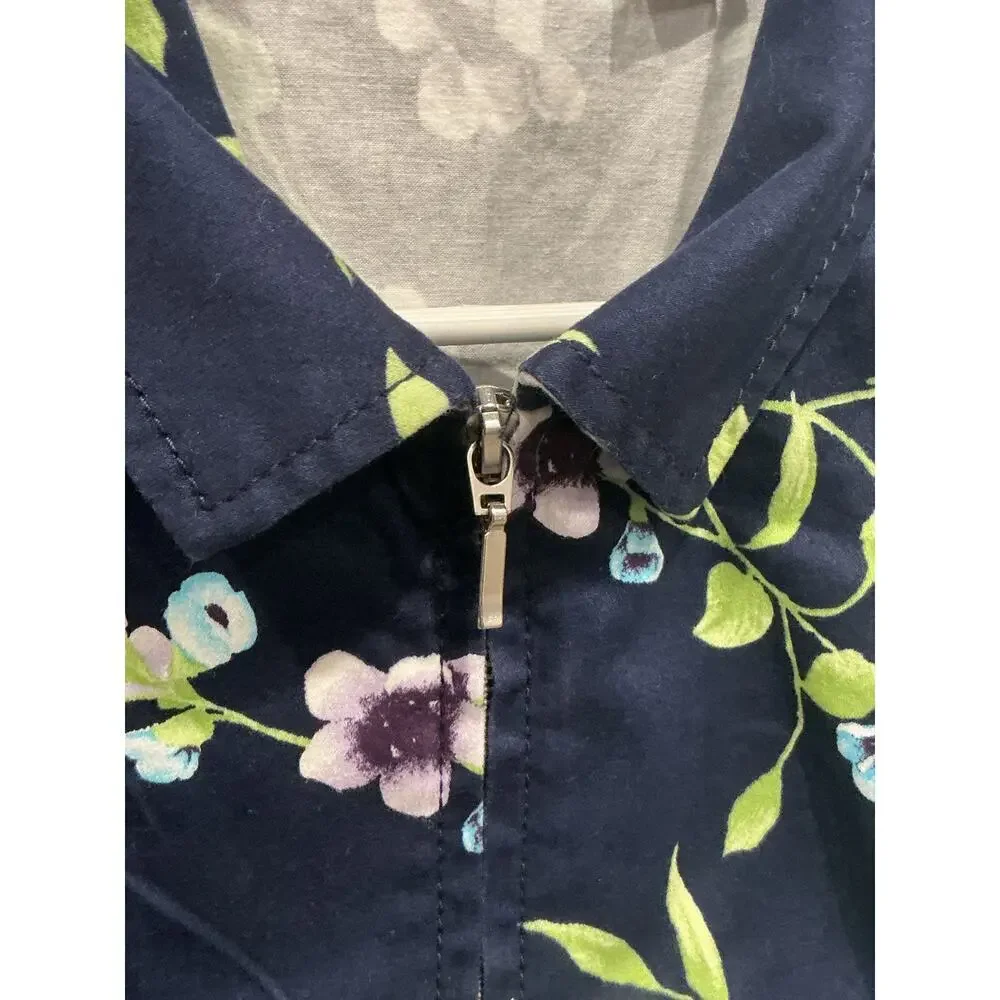 Chicos Womens Full Zip Cotton Jacket Size 3 XL Navy Blue Floral Cottagecore Work